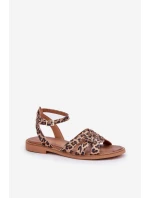 Skórzane Sandały Damskie Na Płaskim Obcasie Panterka Zazoo 3688 Brązowe