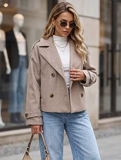 Krátky dámsky dvojradový kabát s klopami, farba fango, FashionStreet TY6015