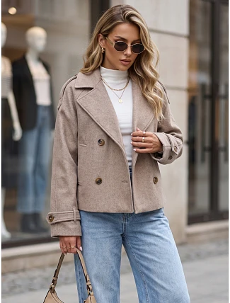 Krátky dámsky dvojradový kabát s klopami, farba fango, FashionStreet TY6015 Krátky dámsky dvojradový kabát s klopami, farba fango, FashionStreet TY6015
