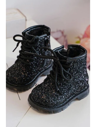 Dziecięce Brokatowe Botki Ocieplane z Suwakiem Czarne Saussa