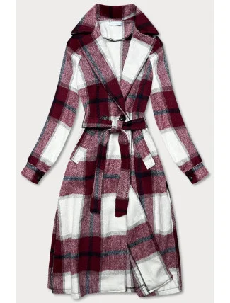 Bordó-biely dámsky károvaný košeľový kabát (7897)