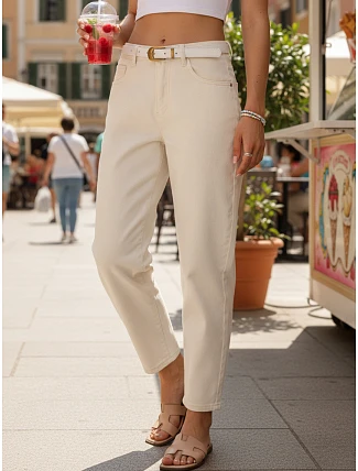Dámske džínsové nohavice mom fit s opaskom ecru FashionStreet UY2985