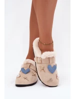 Dámské pantofle s ozdobami a sponou zateplené kožešinou béžové Thalora