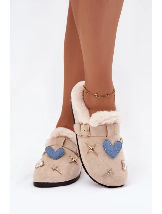 Dámské pantofle s ozdobami a sponou zateplené kožešinou béžové Thalora