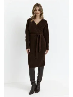 M810 Svetrové šaty s výstrihom do V - hnedé