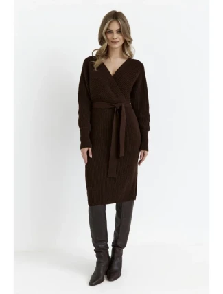 M810 Svetrové šaty s výstrihom do V - hnedé