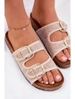 Materiałowe Klapki Damskie Na Korkowej Platformie Z Klamrami Beżowe Osoffe