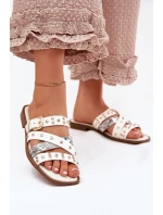 Zdobione Klapki Damskie Na Płaskim Obcasie Z Paskami I Klamrą Białe Manitte