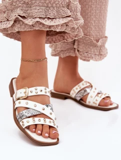 Zdobione Klapki Damskie Na Płaskim Obcasie Z Paskami I Klamrą Białe Manitte