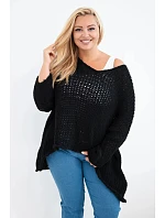 Dámsky oversized sveter s čipkou, výstrihom do V a predĺženým zadným dielom, čierny Dámsky oversized sveter s čipkou, výstrihom do V a predĺženým zadným dielom, čierny