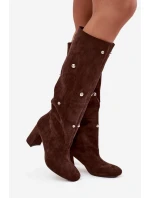 Kozaki Damskie Ocieplane Na Słupku Z Ozdobnymi Detalami Czekoladowe Lucinda
