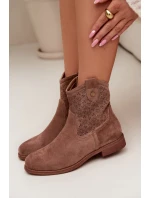 Dámské kotníkové boty na nízkém podpatku s krajkovým vzorem S.Barski HY61-8025 Hnědé