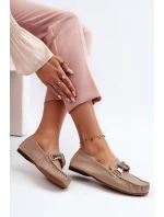 Skórzane Mokasyny Damskie Z Ozdobą Laura Messi 2761 Beżowe