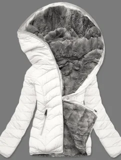 Dámska krátka obojstranná zimná bunda krémovo šedá (2M-21507)