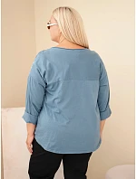 Dámska bavlnená blúzka Plus Size s potlačou a výstrihom do U, džínsovo modrá Dámska bavlnená blúzka Plus Size s potlačou a výstrihom do U, džínsovo modrá