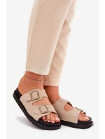 Klapki Damskie Na Platformie Z Klamrami Beżowe Simbes