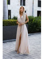 509-2 Elegantné dlhé šaty s viacerými viazankami - béžové s trblietkami