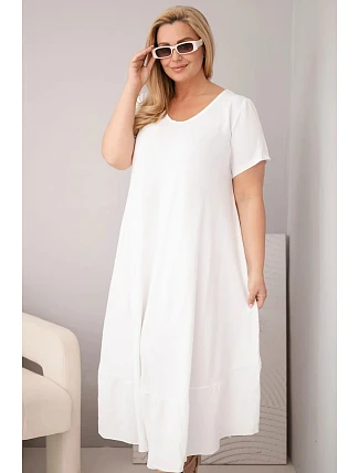 Dámske plus size šaty s krátkymi rukávmi a volánom z ľahkej viskózy bielej farby Dámske plus size šaty s krátkymi rukávmi a volánom z ľahkej viskózy bielej farby