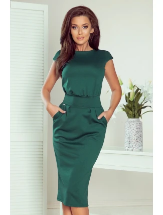 SARA - Dámske midi šaty v fľaškovo zelenej farbe so zvýšeným pásom 144-8