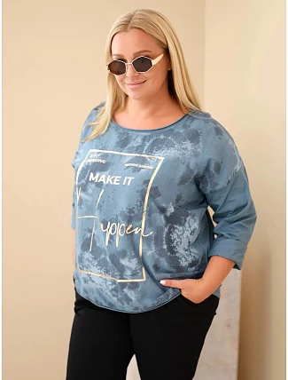 Dámska bavlnená blúzka Plus Size s potlačou a výstrihom do U, džínsovo modrá Dámska bavlnená blúzka Plus Size s potlačou a výstrihom do U, džínsovo modrá