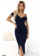 564-7 CALLIE Midi šaty s odhalenými ramenami a výstrihom - ZELENÉ