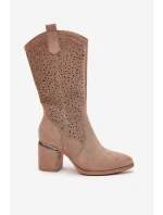 Ażurowe Kozaki Kowbojki Do Połowy Łydki S.Barski HY51-238 Beżowe