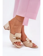Klapki Damskie Na Obcasie Z Ozdobą Beżowe Ovittole