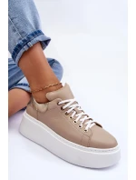 Damskie Buty Sportowe Skórzane na Platformie Beżowe Lemar 10150