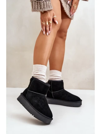 Skórzane Zamszowe Śniegowce Na Platformie Za Kostkę Czarne Rianaella
