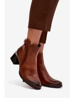 Skórzane Botki Damskie Na Obcasie Ocieplane Zazoo 60563 Brązowe