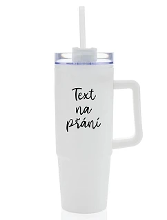 TEXT NA PŘÁNÍ - bílý cestovní termohrnek s průhledným víčkem 900 ml  