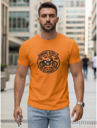 Pánske bavlnené tričko s motorkárskou potlačou oranžové FashionStreet NX5007R