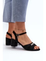 Sandały Damskie Eko Zamszowe Na Słupku Z Ozdobami Czarne Narhi