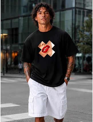Pánske bavlnené tričko nadrozmernej veľkosti s čiernou potlačou FashionStreet NX1009R Pánske bavlnené tričko nadrozmernej veľkosti s čiernou potlačou FashionStreet NX1009R