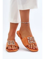 Klapki Damskie Na Płaskim Obcasie Z Ozdobą Pomarańczowe Inaile