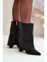 Zdobione Błyszczące Botki Z Wywiniętą Cholewką Na Słupku Ocieplane Czarne Xistaria