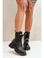 Eko Skórzane Botki Workery Damskie Z Przypinkami Czarne Rianael