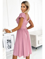 MATILDE - Dámske šaty v púdrovo ružovej farbe s brokátom, výstrihom a krátkymi rukávmi 425-2