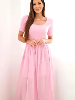 Dámske bavlnené midi šaty s krátkymi rukávmi a rozšírenou spodnou časťou svetlo ružové