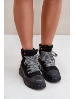 Damskie Ocieplane Botki Trapery Na Platformie Czarne Alcyhen