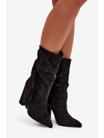 Darlina dámské boty na podpatku s třásněmi a mačkáním zateplené černé