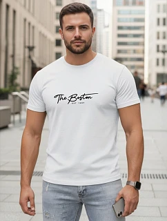 Pánske bavlnené tričko s potlačou „The Boston“, biele, FashionStreet NX5129R