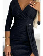 404-6 Dlhé trblietavé šaty s výstrihom a rozparkom na nohách - ČIERNE s trblietkami 404-6 Dlhé trblietavé šaty s výstrihom a rozparkom na nohách - ČIERNE s trblietkami