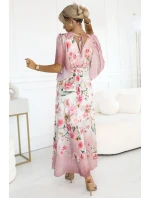 603-4 Vzdušné maxi šaty s obálkovým výstrihom a kvetinovým vzorom - PINK Roses