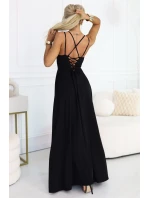 589-5 Maxi šaty bez ramienok s korzetovým zaväzovaním vzadu a rozparkom - čierne