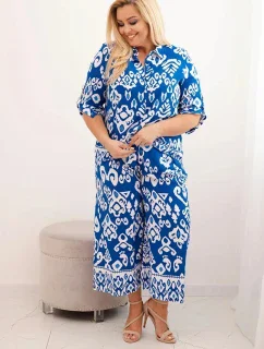 Dámska plus size súprava z viskózy s geometrickou potlačou v chrpovo modrej farbe