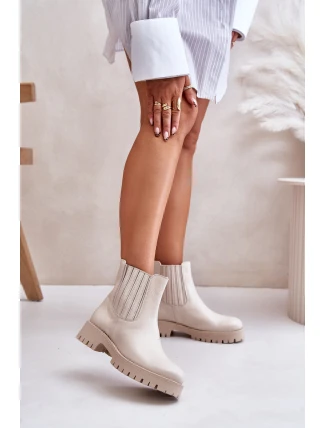 Wsuwane Botki Damskie Na Płaskim Obcasie Skórzane Lewski 3611 Jasnobeżowe