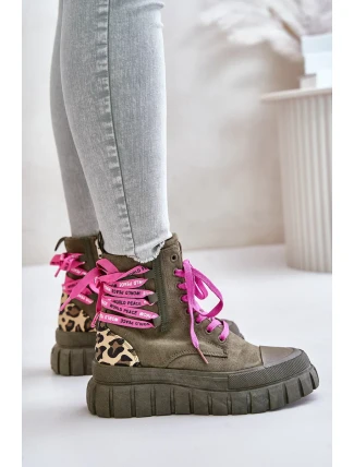 Dámske členkové topánky na platforme s ozdobným čipkovaným leopardím vzorom zelené Edidda