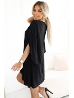 597-1 LIVIA Elegantné trapézové šaty s motýlími rukávmi - čierne s brokátom
