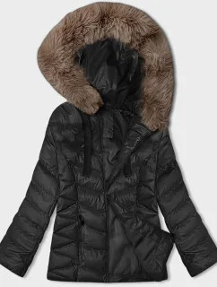 Krátka zimná bunda s kapucňou čierno-béžová (5M3138-392B)